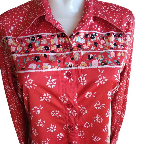 13/14 Large Groovy Vintage Red Floral Disco Top Tami Button-Up 1970's Hippy Boho - Picture 1 of 7